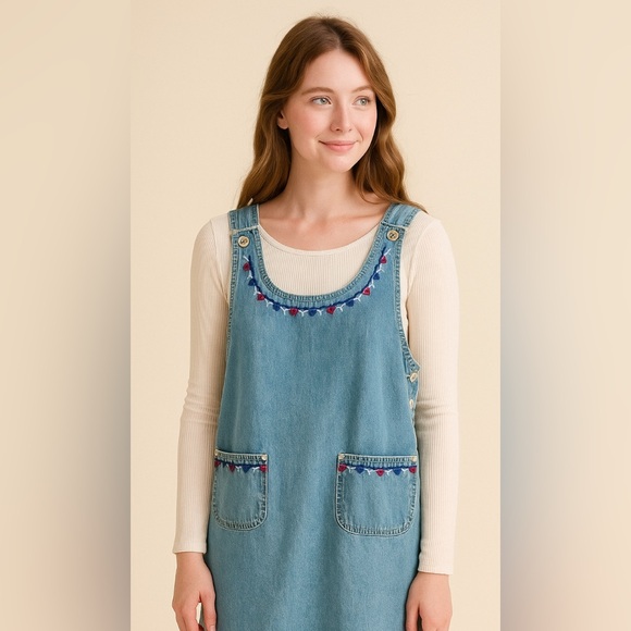 Vintage JLNY Denim Jumper Dress Prairie Flower Embroidery Women’s Size M - Picture 2 of 11